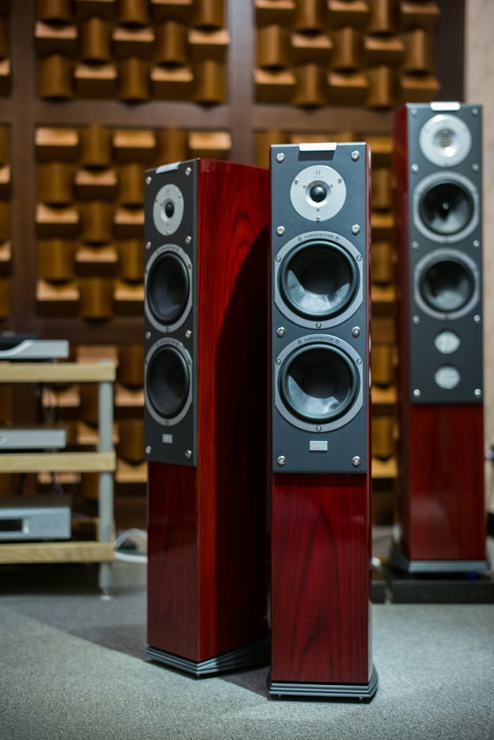 services-05 Luxury wooden speakers in an acoustically optimized room, perfect for audiophiles.